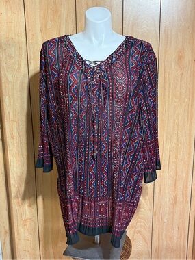 Catherines Red Multi Lace-Up Boho Blouse SZ - 4X